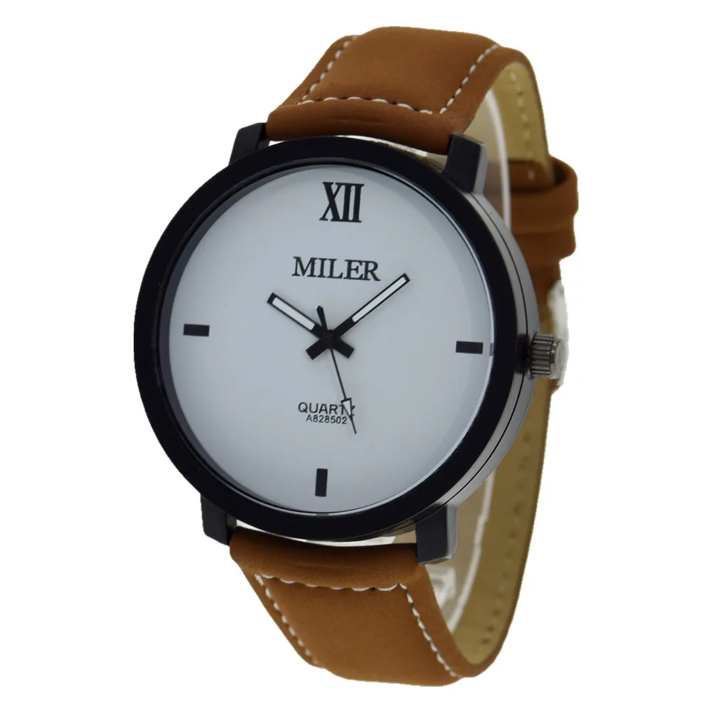 

100pcs/lot New Miler A828502 Men's Round Dial Roman Number Quartz Watch Leather Band Wrist Watch Man Sport Casual Watches