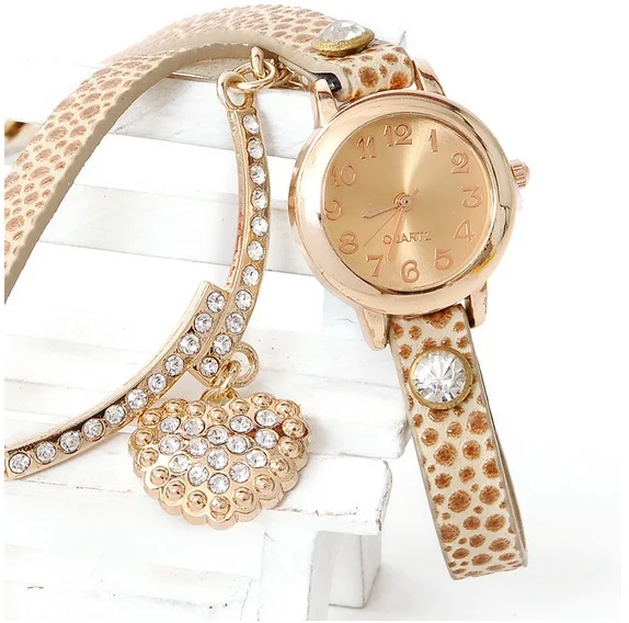 Женские леопардовые часы с сердцем золотистый ремешок из искусственной кожи