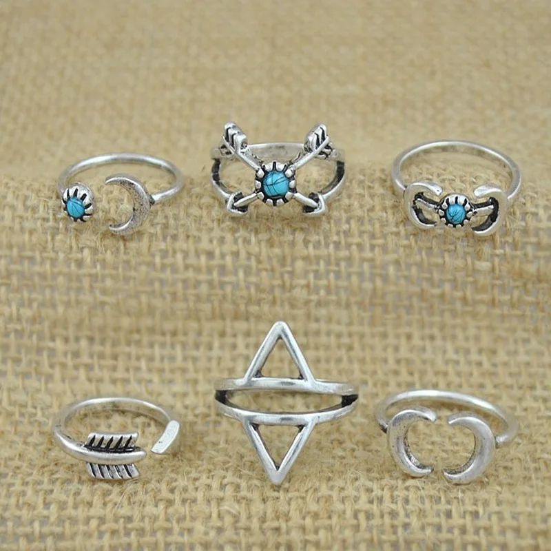 6 шт. новый стиль кольца набор панк луна стрелы кольцо античное серебро Bohomia Midi для