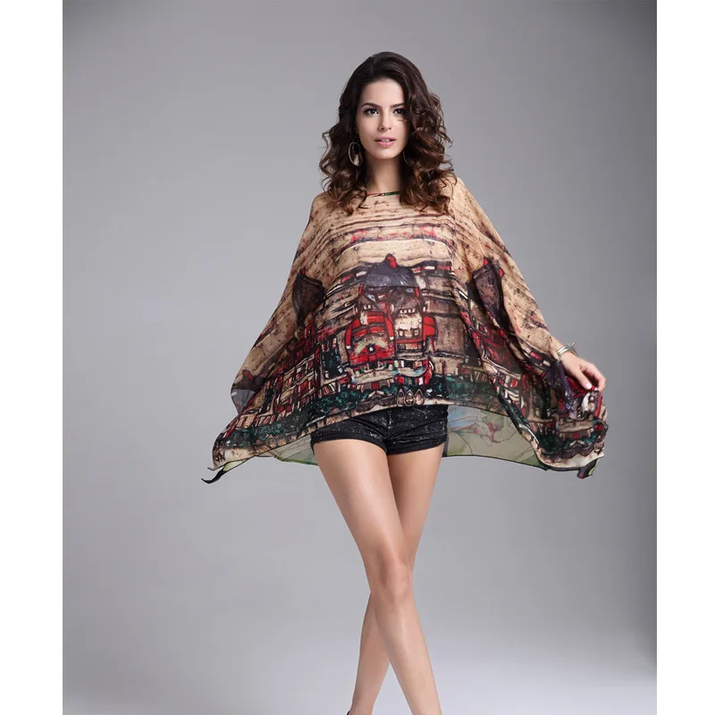 

New 2016 Summer Women Chiffon Bat Blouse Fashion Printing Batwing Sleeve Blouse Women Plus Size Loose Beach Chiffon Blouse