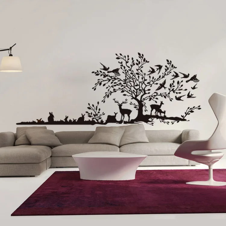Jungo Hand Calligraphic Wall Decal Sticker Scenery of the Tree Birds on Rabbit Deers Playing under Art Mural | Дом и сад
