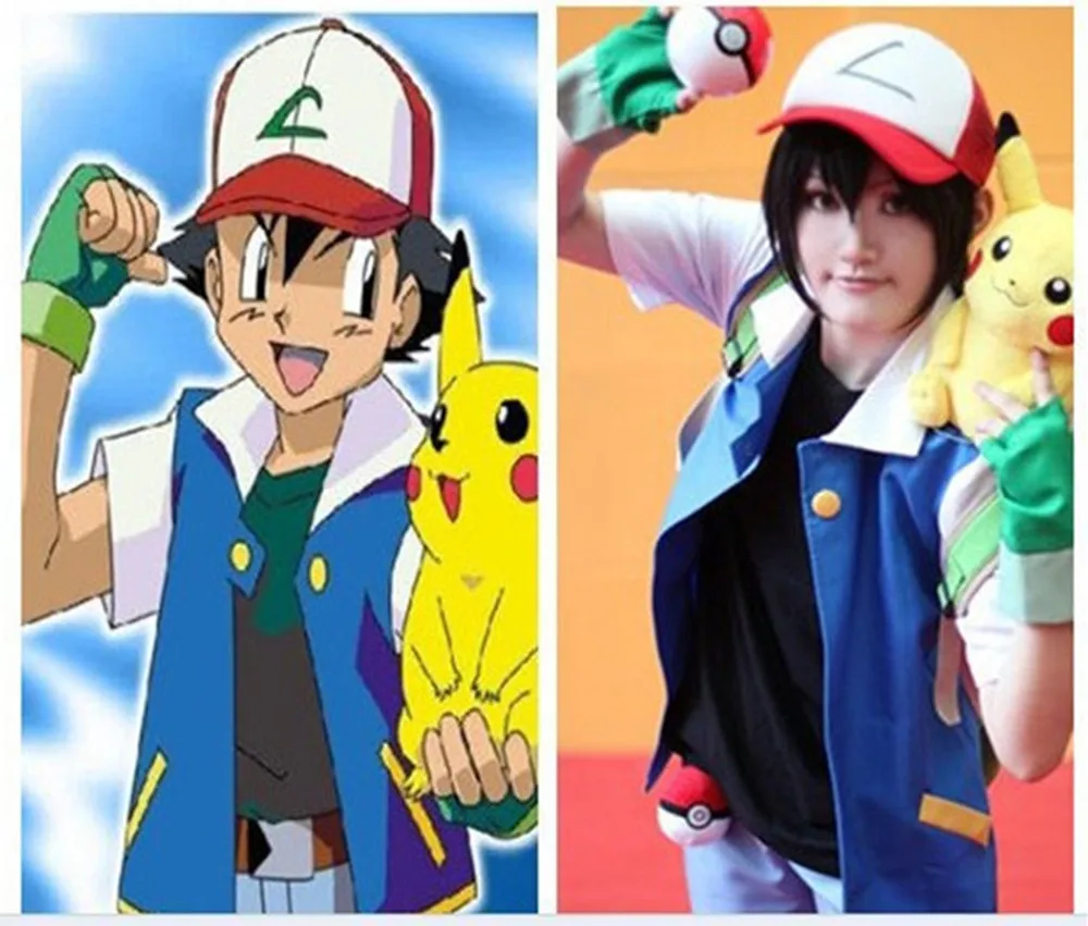 Pokemon Ash Ketchum Тренер Косплей Костюм Куртка + Перчатки Шляпа Бесплатная Доставка |