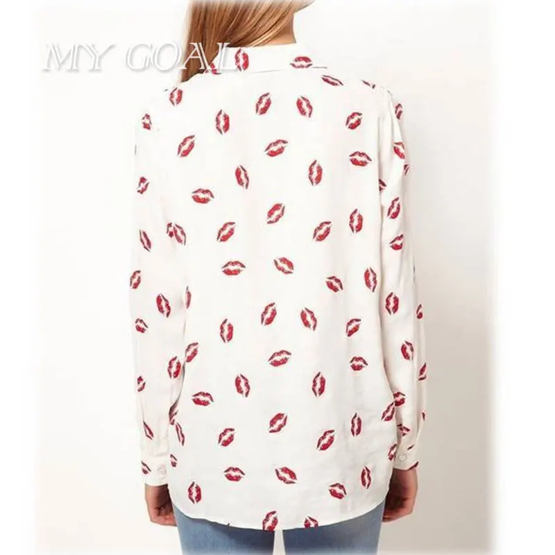 Весна женщин Поцелуи Блузки Красные Губы Печати Шифон Повседневный Дамы Рубашка