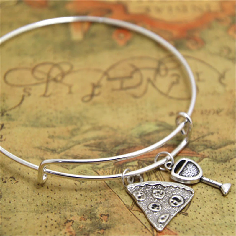 

12pcs/lot Pizza Wine bracelet Pizza Charm bangles adjustable Fast Food Wine Charms bracelet