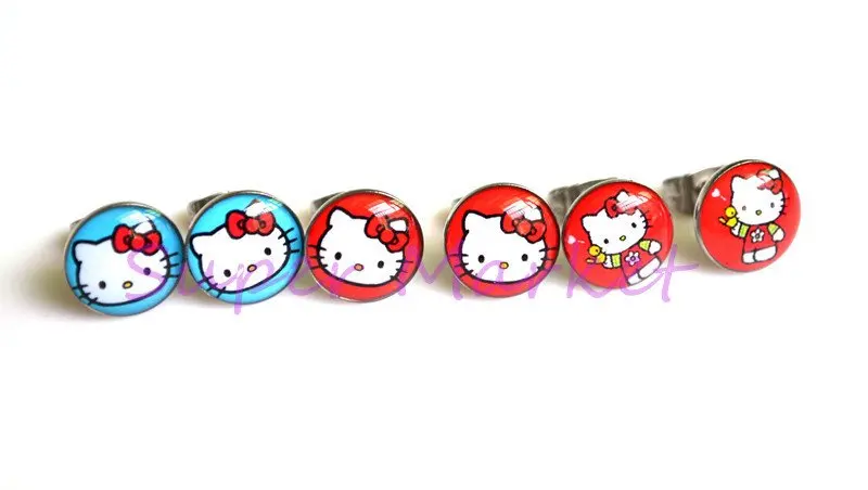 Новые hello kitty милый кот 3 стильные серьги из нержавеющей стали 316L ушное кольцо гвоздики Красный Синий 8 мм шар Горячая Распродажа продвижение ювелирных изделий