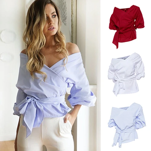 Lady Sexy Off Shoulder Cross V-Neck Bandage Bowknot Puff Sleeve Party Top |