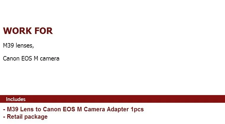 Адаптер объектива подходит для объектива Leica M39 для камеры Canon EOS M