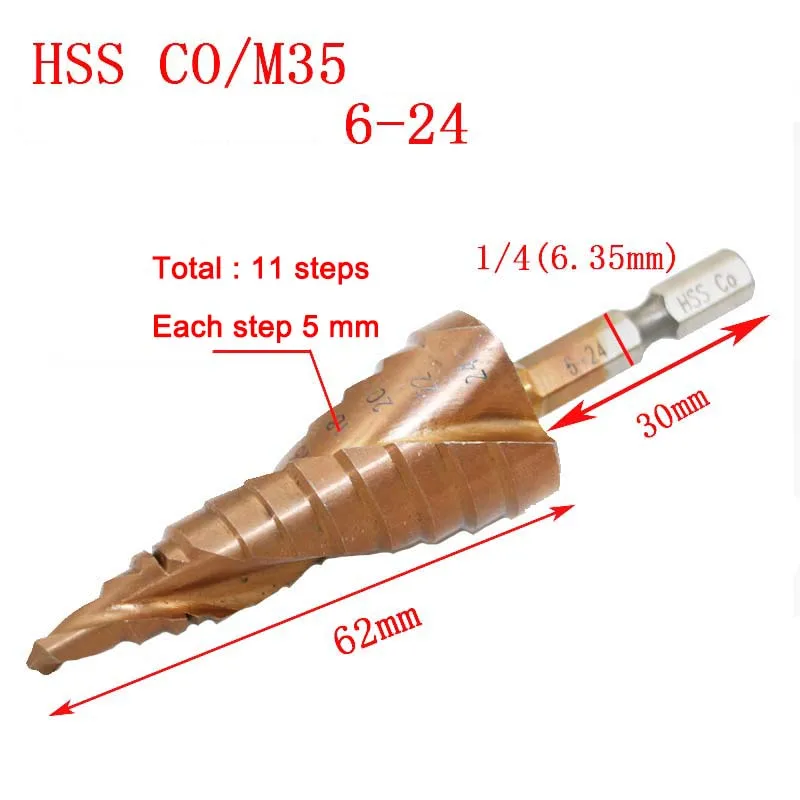 

Новые M35 HSS-Co кобальтовые спиральные рифленые ступенчатые сверла 1/4 "с шестигранным хвостовиком для сверления дерева и металла 6-24 мм Кольцев...