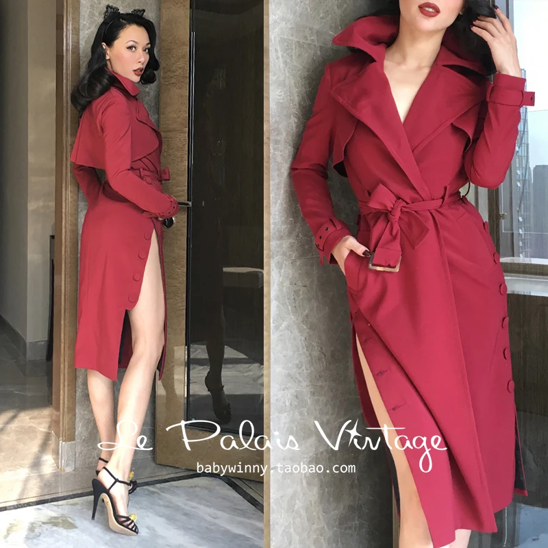 Женский винтажный Тренч 50s rockabilly pinup бордовое с длинным рукавом и Боковым