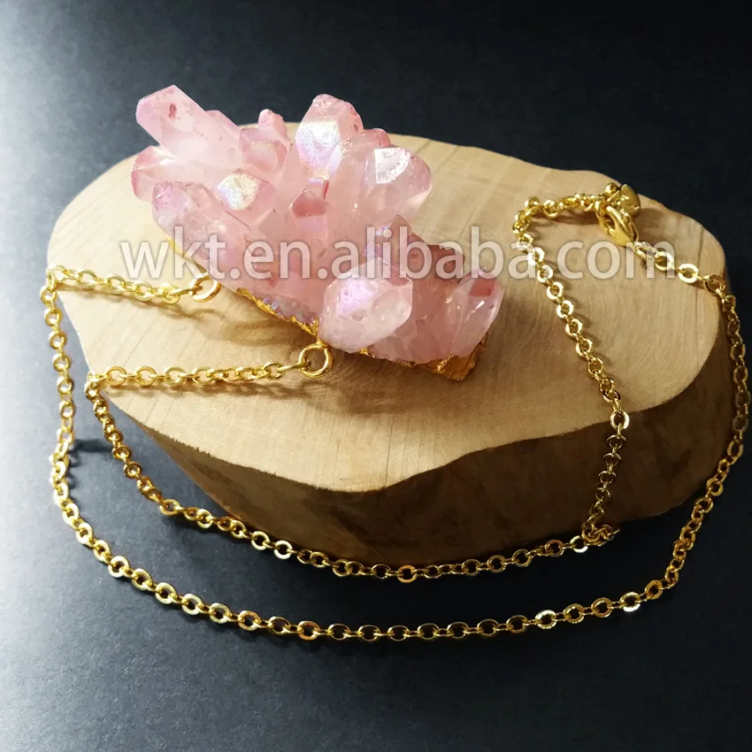 WT-N533 Wholesale 10pcs raw quartz aura necklace rough pink cluster Aura with gold color on edge | Украшения и аксессуары