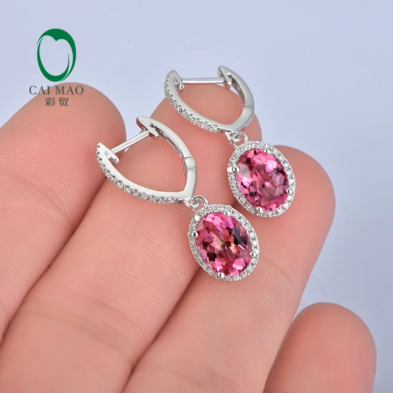 Caimao Jewelry 18KT Белое золото 6x8 мм овальным вырезом 2.58ct розовый турмалин и 0.35ct diamond Обручение Серьги