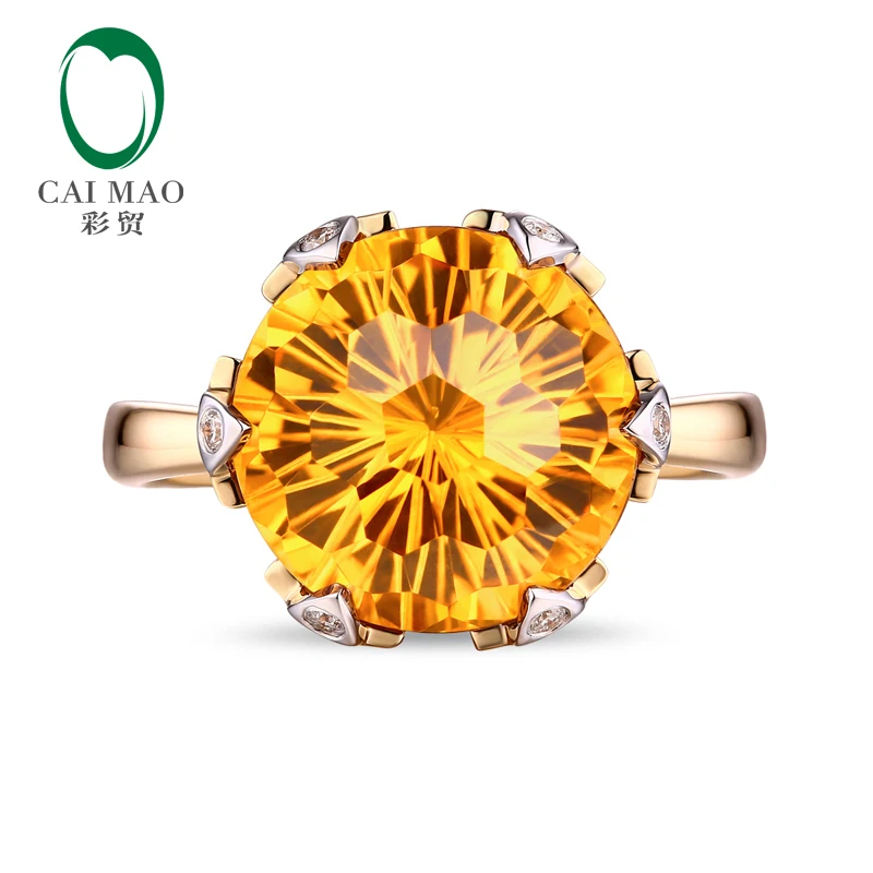 Caimao ювелирные изделия 12 мм круглой огранки 7.21ct цитрин кольцо 14 К золото с природными алмазами