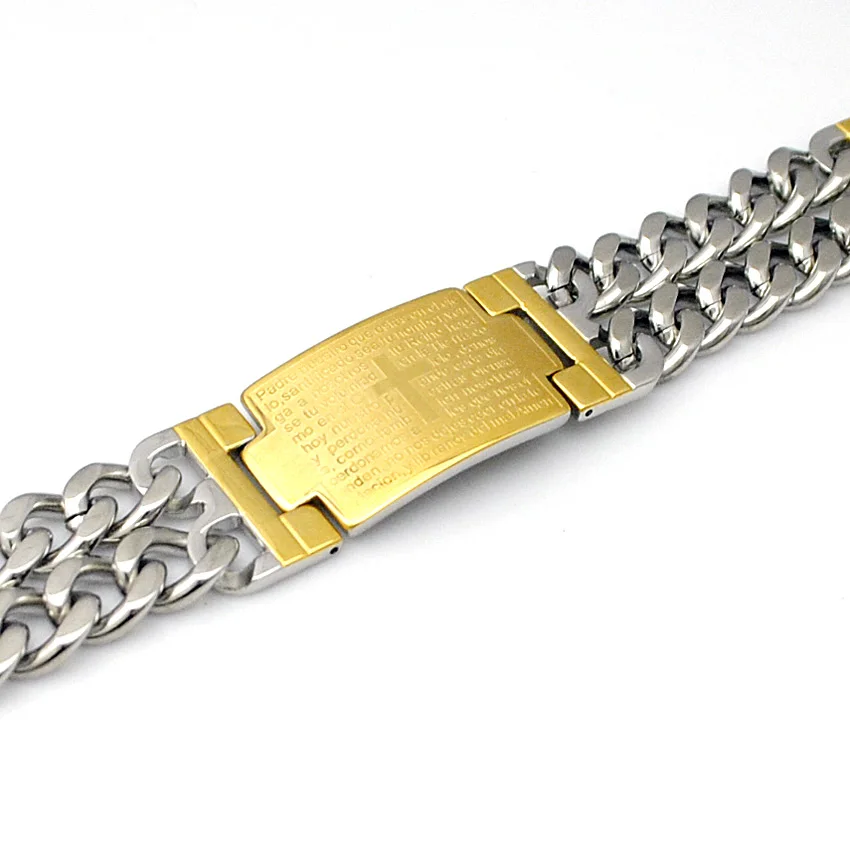 gold and silver Браслет из нержавеющей стали, Двойная Цепочка, христианский молитвенный крест, Писания, ID браслет, мужские ювелирные изделия, рок-байкер, подарок, AB1213 - Окраска металла: gold and silver