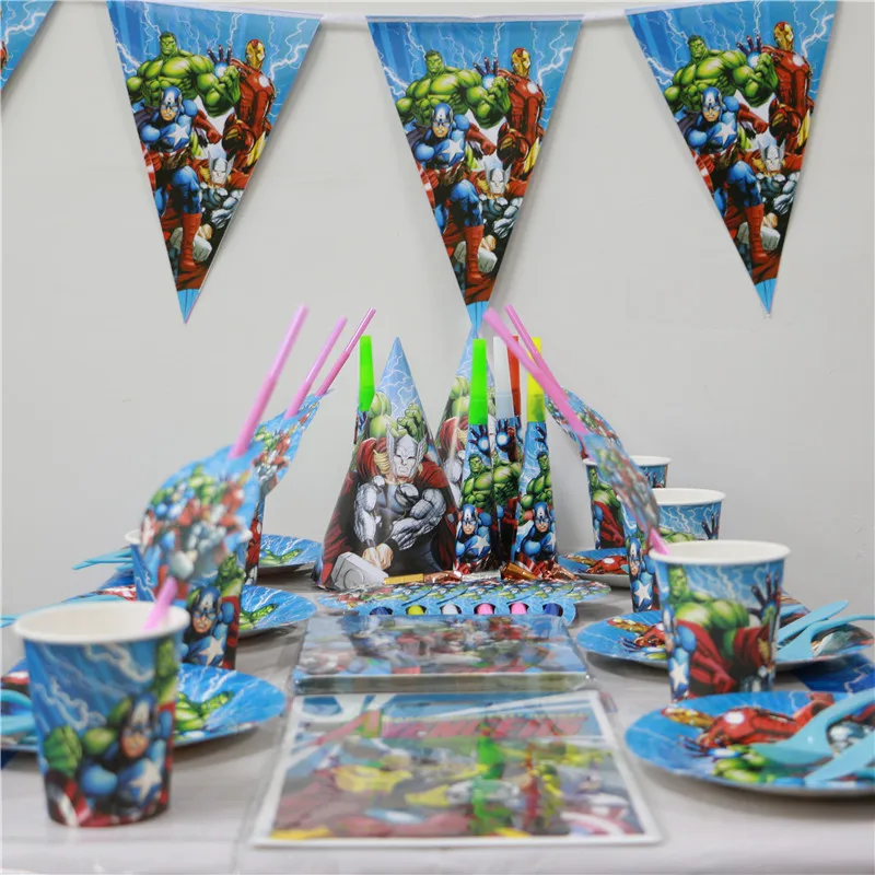 20 person use paper plate cup napkin banner 61pcs/lot kids girl happy birthday party decoration supplies favor cartoon avenger |