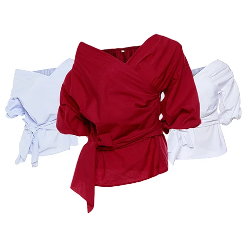 Lady Sexy Off Shoulder Cross V-Neck Bandage Bowknot Puff Sleeve Party Top |