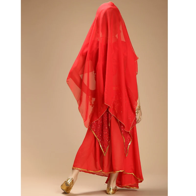 Костюм для танца живота для девочек, Шелковый костюм из 4 предметов (топ + юбка + цепочка на талии + вуаль), индийская ткань, для танца живота от AliExpress RU&CIS NEW