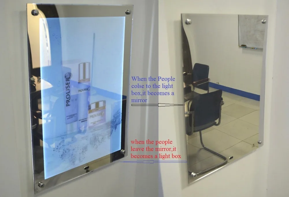 Тонкий односторонний волшебный зеркальный светодиодный акриловый рекламный