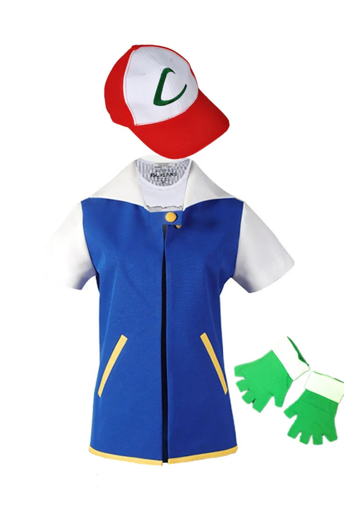 Pokemon Ash Ketchum Тренер Косплей Костюм Куртка + Перчатки Шляпа Бесплатная Доставка |
