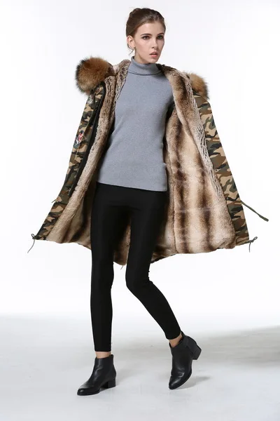 

2016 Hot Women Fake Fur Parkas Camouflage Parkas Hooded Fur Army Green Overcoat Free Shipping