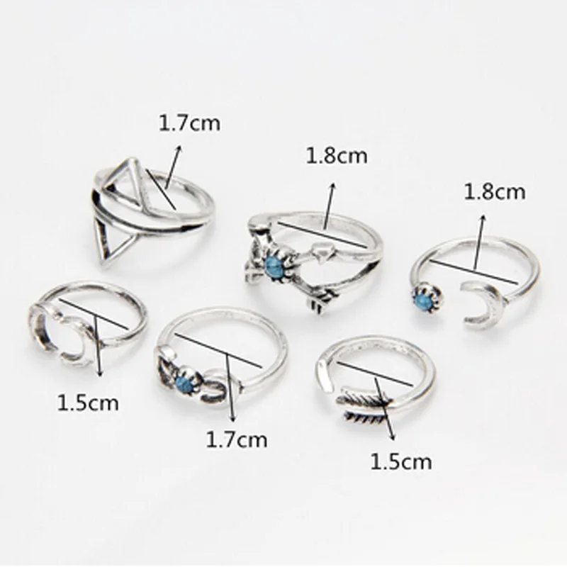6 шт. новый стиль кольца набор панк луна стрелы кольцо античное серебро Bohomia Midi для