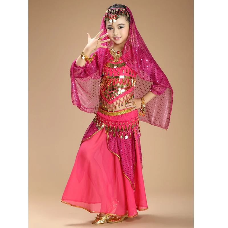 Костюм для танца живота для девочек, комплект из 4 предметов (топ + юбка + цепочка на талии + вуаль), индийская одежда, желтый + h. Розовый + красны... от AliExpress RU&CIS NEW