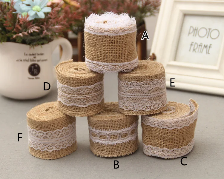 

10 rolls /lot Wedding Event Decoration Rustic Vintage Craft Gift , Natural Burlap Ribbon Jute roll White Lace , 2 meters lot