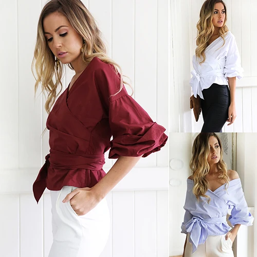 Lady Sexy Off Shoulder Cross V-Neck Bandage Bowknot Puff Sleeve Party Top |