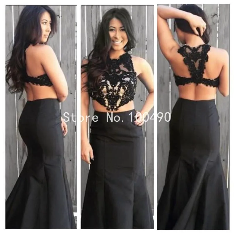 О шеи черное кружево русалка вечернее платье 2016 из двух частей женщины длинные
