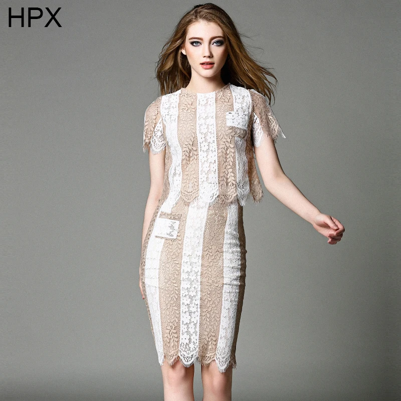 Женская Кружева Топ и Карандаш Хип Bodycon Колен Полосатый Юбка две пьесы Одежда