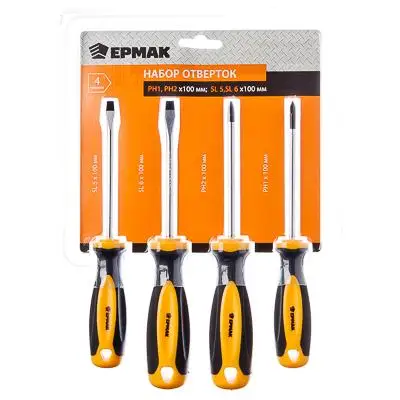Набор отверток &quotERMAK&quot 4 шт.уки (PH1 PH2x100 SL5 SL6x100)|tool magnetic|screwdrivers phillipsscrewdriver slotted |