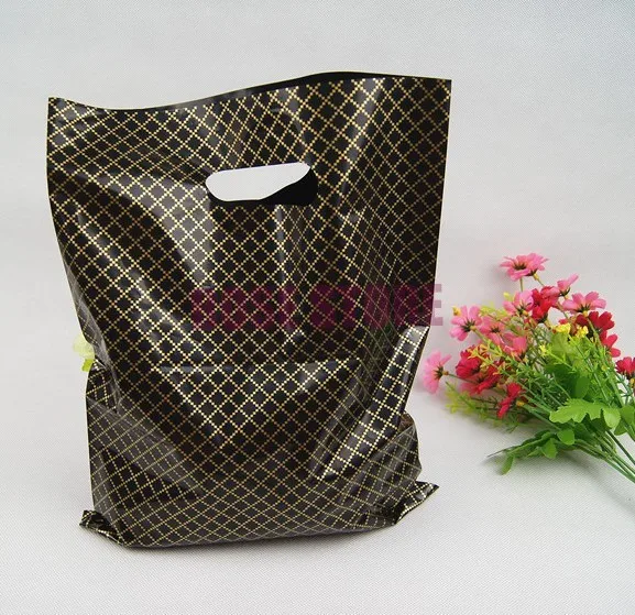 100 шт./лот, 25x35 см, черная клетка, большие пластиковые сумки для покупок, толстые, бутик, подарочная упаковка для одежды, пластиковая подарочная сумка с ручкой