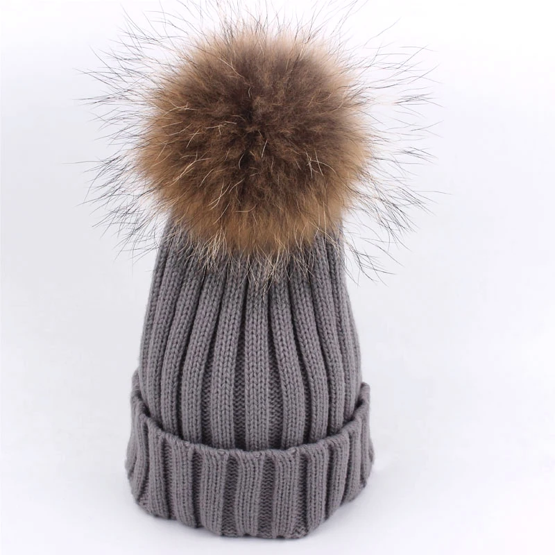 2017 Fashion Baby Hat Winter Raccoon Fur Hats Accessories 100% Real 15cm pompom Beanie Cap Natural For Children | Тематическая