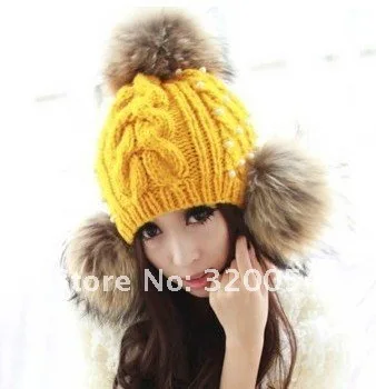 1 шт., 2013 newraccoon hair hat, зимняя женская вязаная шапка, рождественский подарок, желтый