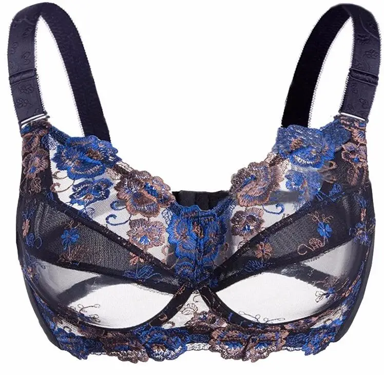 BAICLOTHING женщины большого размера полный охват Цветочные Embrodiery ультра-тонкий бюстгальтер белье для женщин 34 36 38 40 42 44 46 48 B C D E F - Цвет: Blue