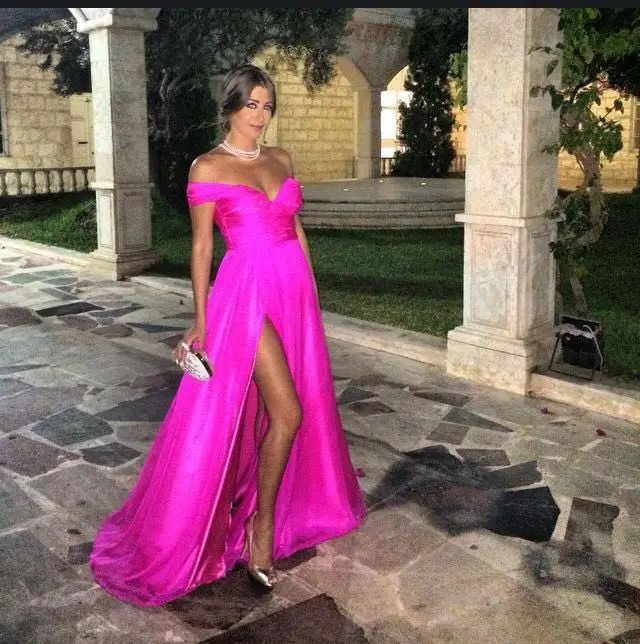 Платье футляр с открытыми плечами и глубоким V образным вырезом|vestidos de baile|slit prom