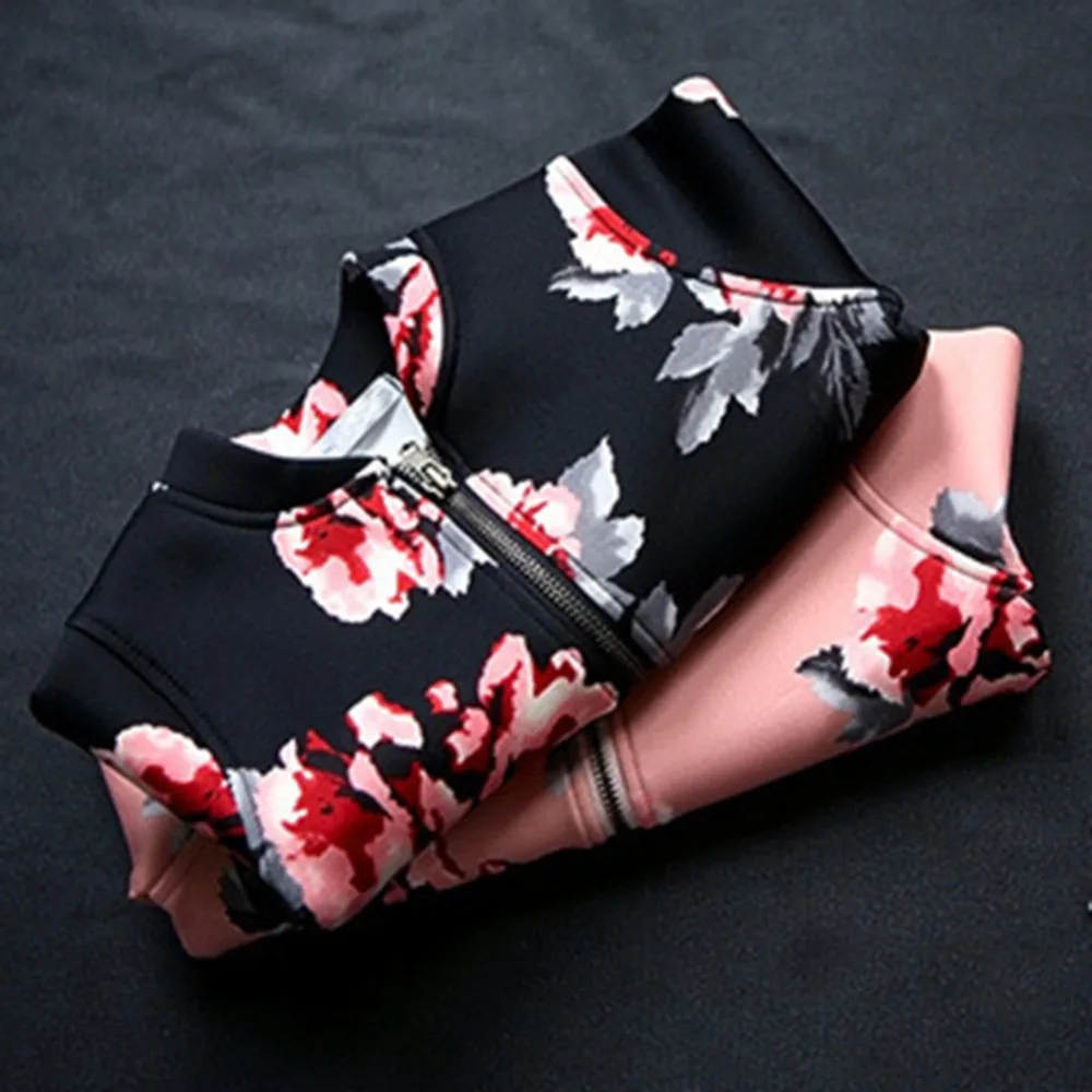 Хлопковое стильное осеннее пальто с цветочным принтом куртка на молнии для