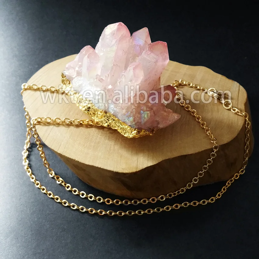 WT-N533 Wholesale 10pcs raw quartz aura necklace rough pink cluster Aura with gold color on edge | Украшения и аксессуары