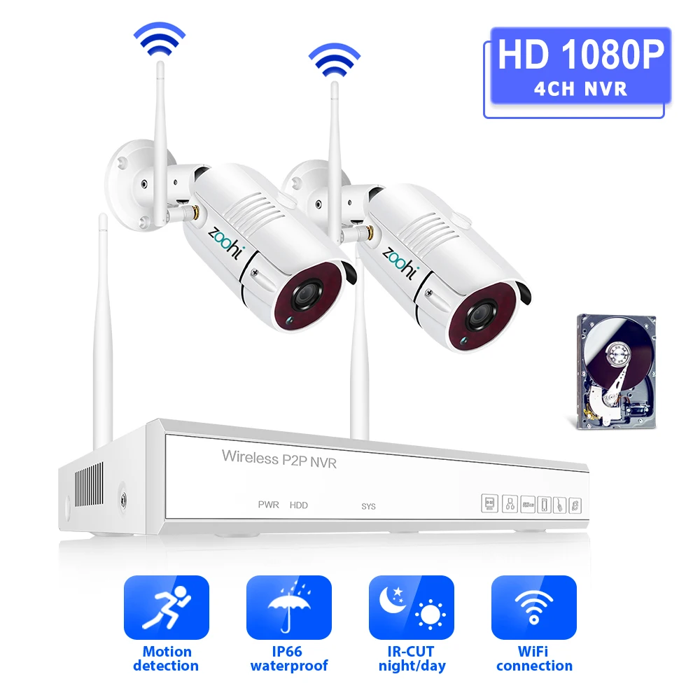 Zoohi 1080 P 2CH Беспроводной безопасности Камера Системы 2.0MP Wi-Fi HD видео Камеры Скрытого видеонаблюдения Системы Наборы IP66 открытый Ночное видение