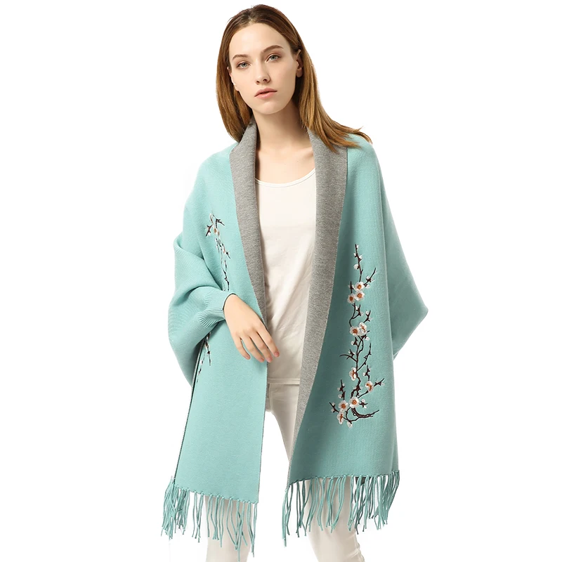 FS пончо Femme Hiver шаль шарф женский Inverno пальто женский кисточкой пашмины кардиган вышивка сливы цветок теплые шарфы от AliExpress RU&CIS NEW
