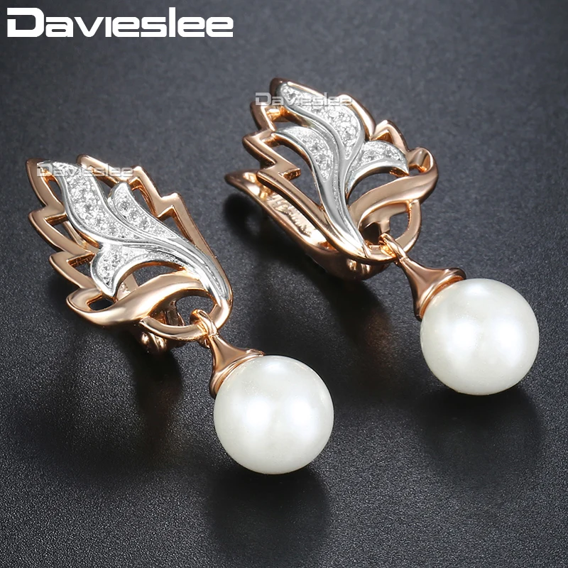 Серьги подвески Davieslee с жемчугом и листьями для женщин украшенные прозрачным