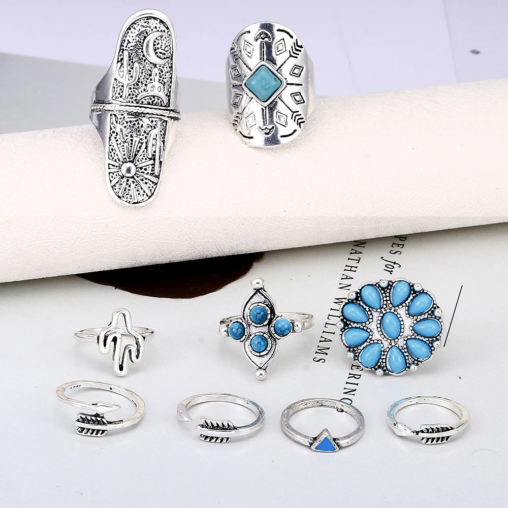 Lureme Vintage Silver Arrow Flower Green Stone Cactus Joint Knuckle Nail Midi Ring Set of 9 Rings for Women (rg001826) | Украшения и