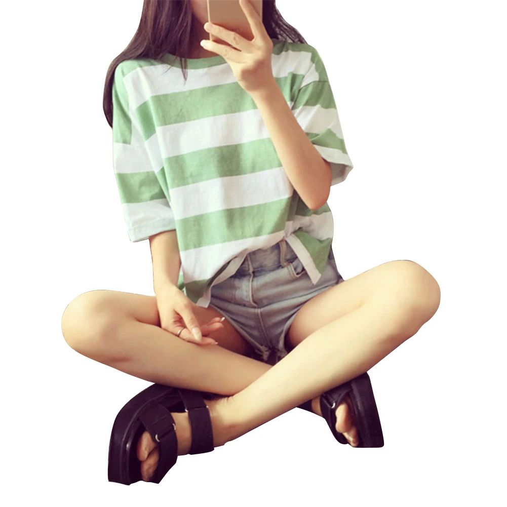 Женская футболка с коротким рукавом и круглым вырезом|striped top|t shirtcrew neck |