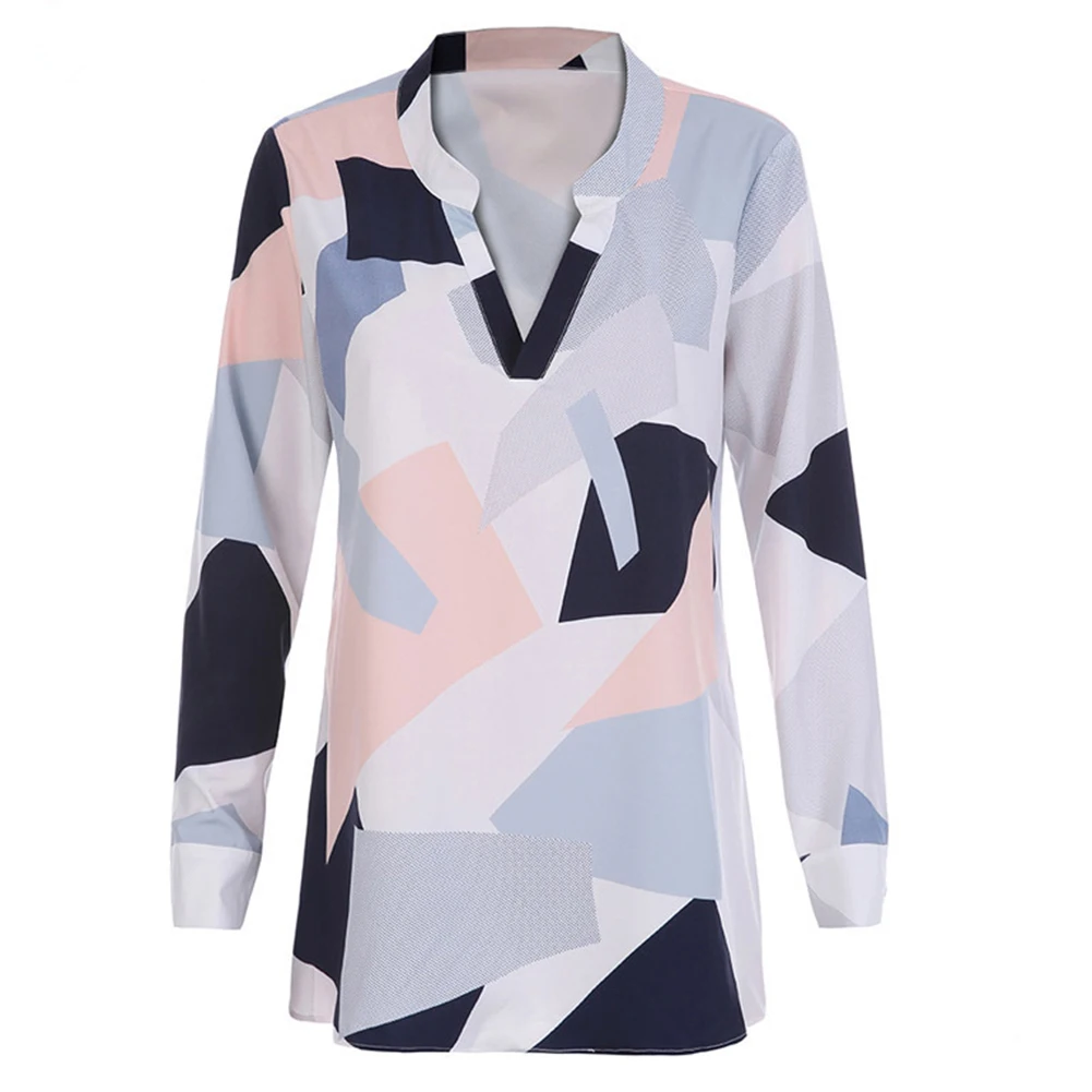 S-3XL Cotton Long Sleeve Casual Blouses 2017 V-Neck Plus Size Women with Geometric |