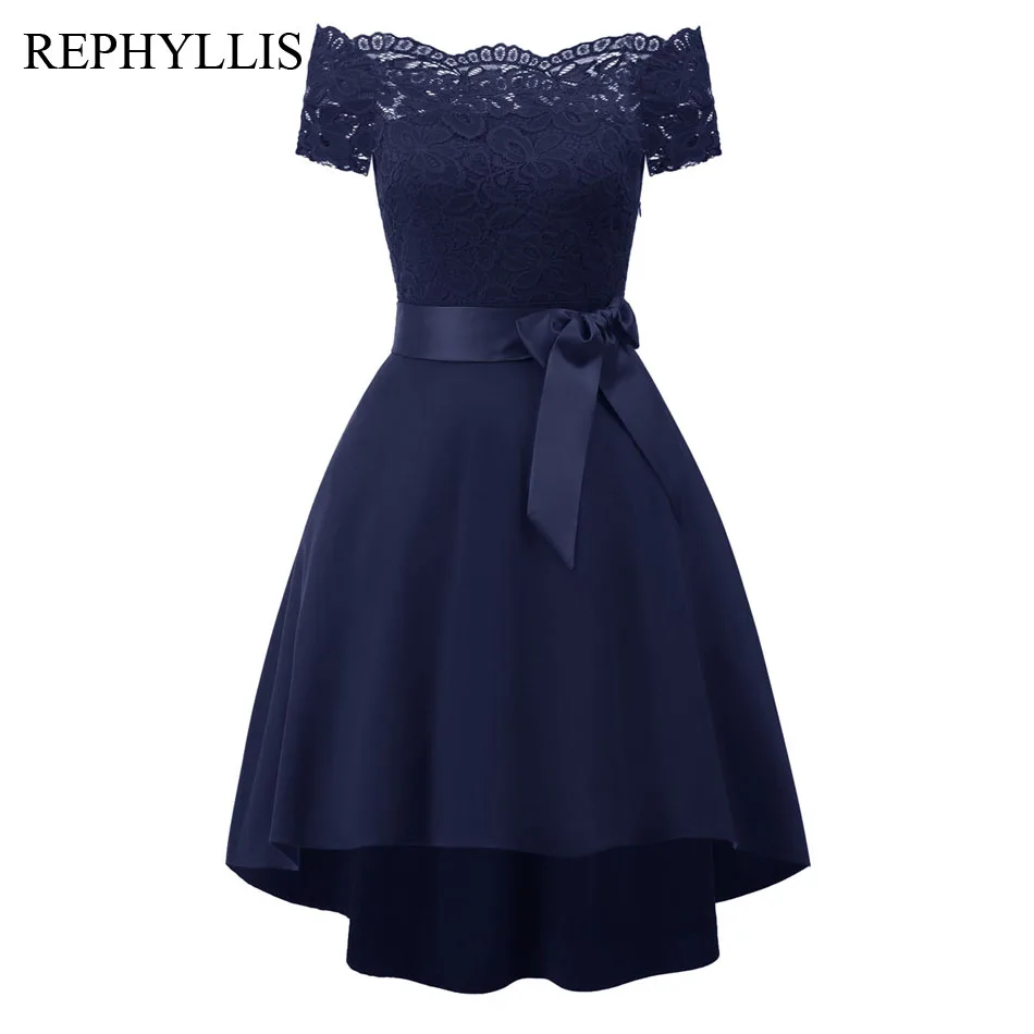 Purplish Blue Rephyllis Для Женщин Слэш шеи короткий рукав пояс Винтаж вечерние церемонии Hi короче спереди и длиннее сзади) кружевное свободное платье подружки невесты вечерние платья - Цвет: Purplish Blue
