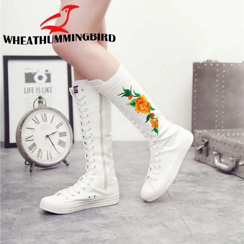 

Size 34-43 Women fashion High-top Embroider flat boots Long-barreled casual flats canvas boots Height Increasing Shoes MA-79G