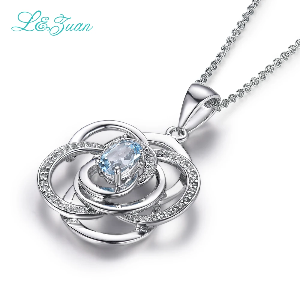 l&ampzuan 925 sterling silver natural 0.64ct topaz blue gemstone flower pendant Jewelry for princess wedding gift | Украшения и