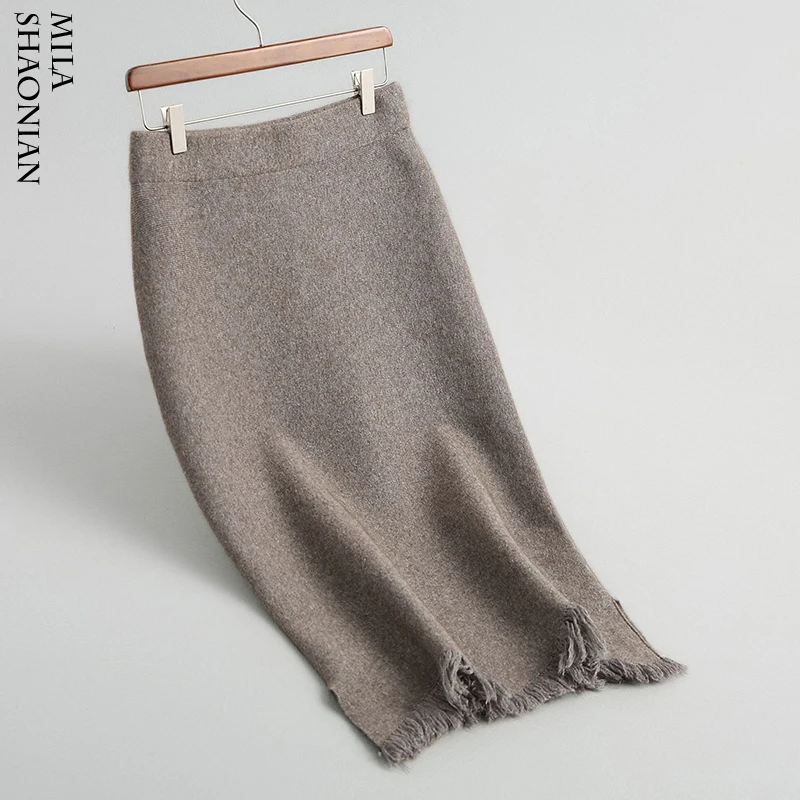 Зимние Повседневное карандаш юбки с бахромой высокой талией эластичные