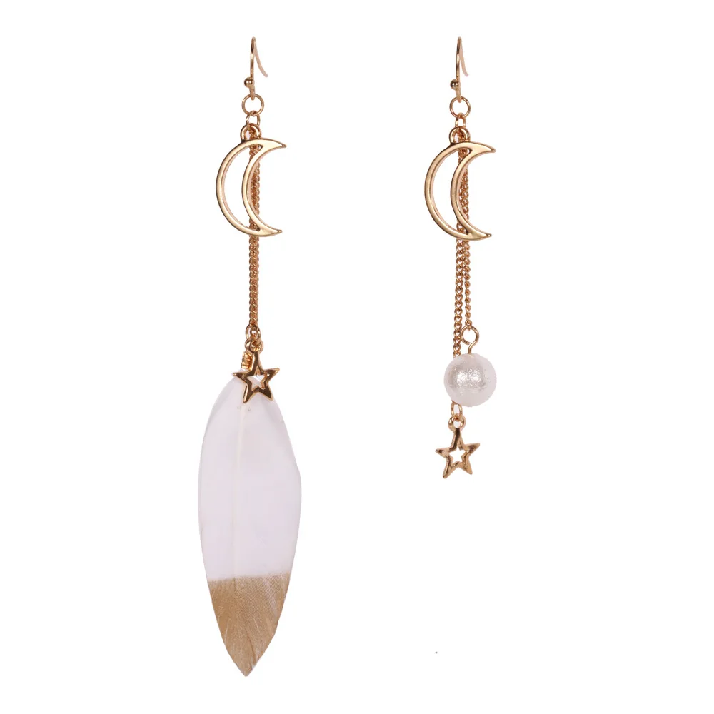 Popular Real Feather Asymmetric Earrings Gold Moon and Pearl Beads Drop Dangle Fashion Earring For Wedding Mother's Day Jewelley |