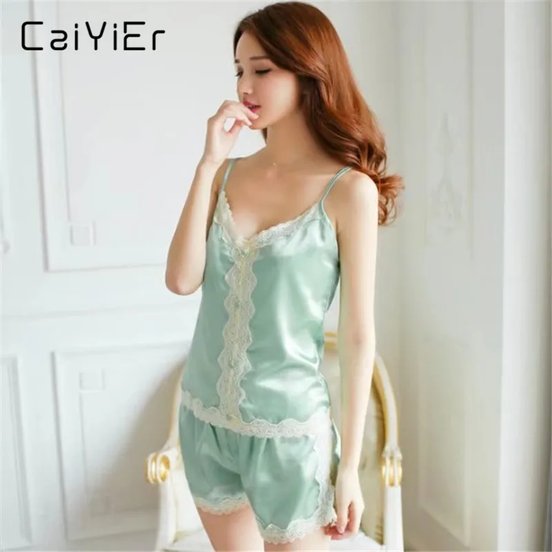 2018 Caiyier Lace Women Pajamas Sets Summer Green Fashion Casual Shorts Strap Nightwear Sleepwear cxs 02 | Женская одежда