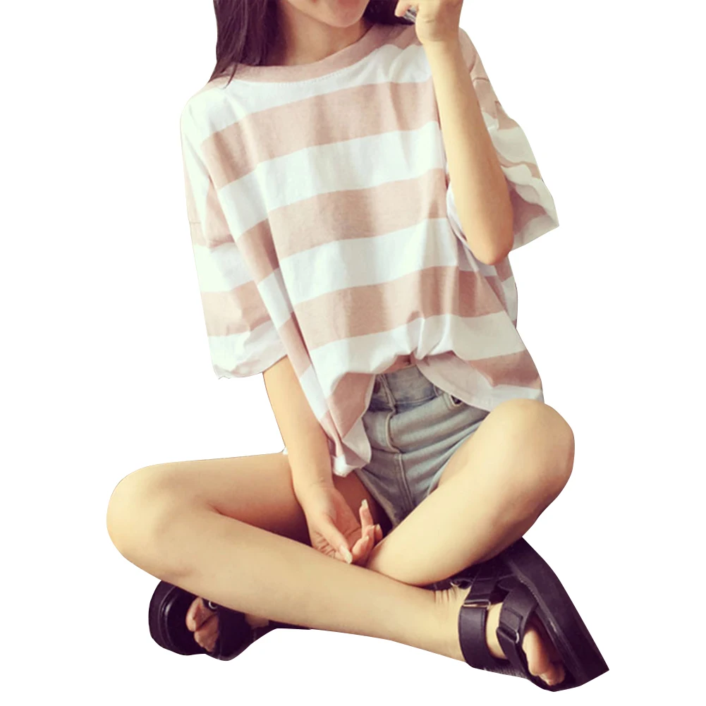 Женская футболка с коротким рукавом и круглым вырезом|striped top|t shirtcrew neck |